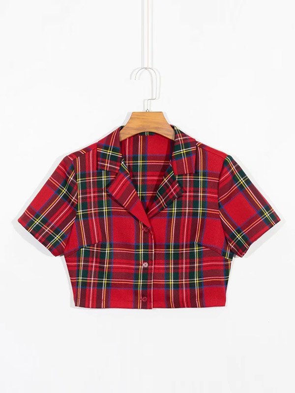 EMMIOL Blusa corta de manga corta a cuadros