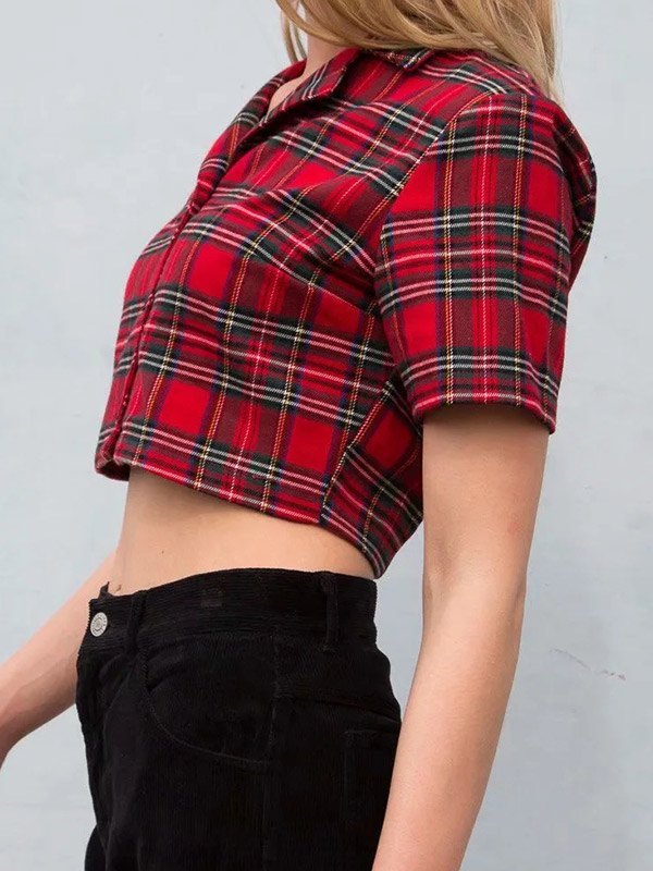 EMMIOL Blusa corta de manga corta a cuadros