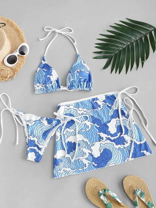 2021 Spray Wave Three-piece Swimsuit Blue M In Three-piece Swimsuits Online Store. Best For Sale 