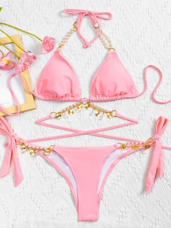 EMMIOL Faux Pearl Decor Halter Bikini Set