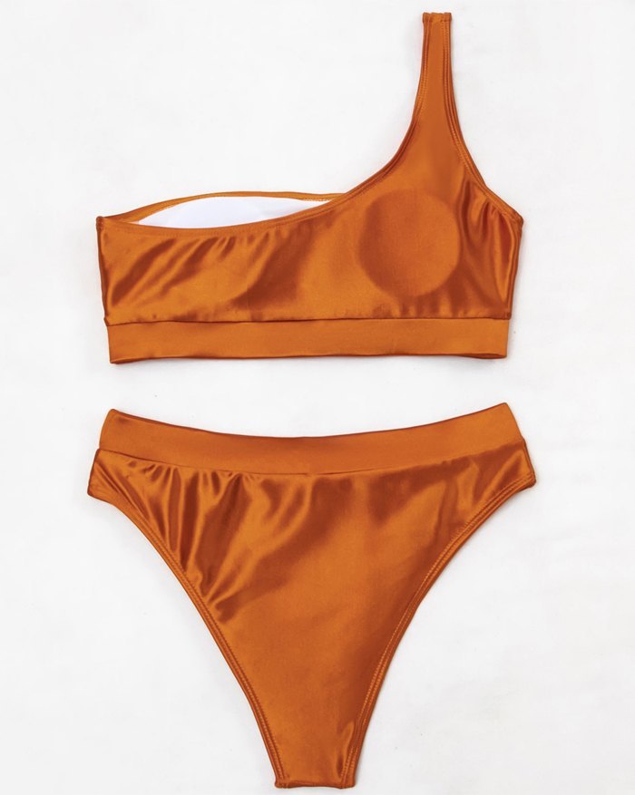 Emmiol Free shipping 2024 One Shoulder High Cut Bikini Swimsuit Orange