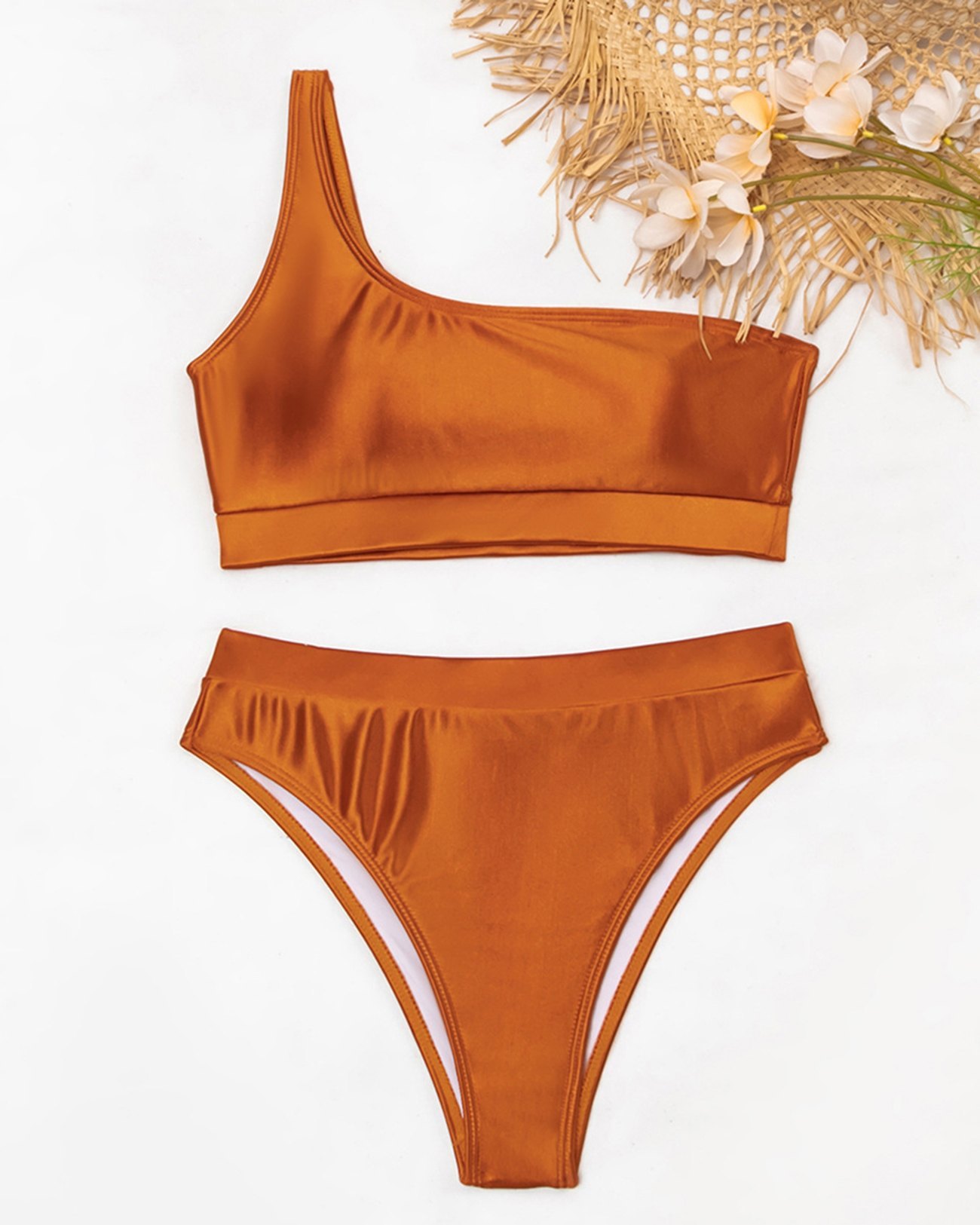 Emmiol Free shipping 2024 One Shoulder High Cut Bikini Swimsuit Orange