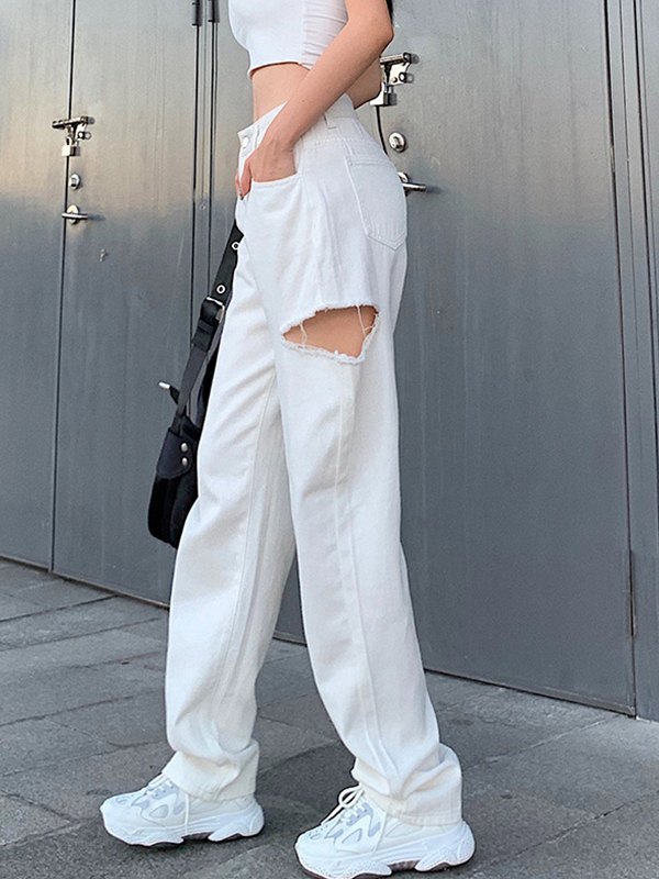 Jeans Ripped On One Side Emmiol Free shipping 2024 Side Ripped Detail Jeans White L in Jeans ...