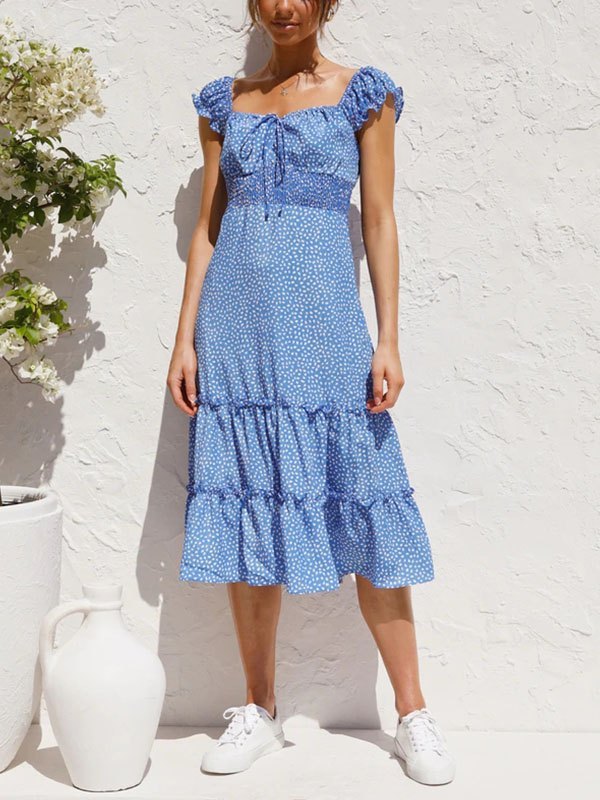 EMMIOL Printed Short Sleeve Smocked Midi Dress