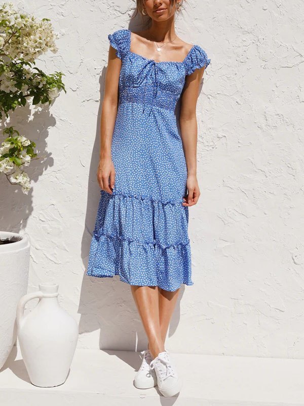EMMIOL Printed Short Sleeve Smocked Midi Dress