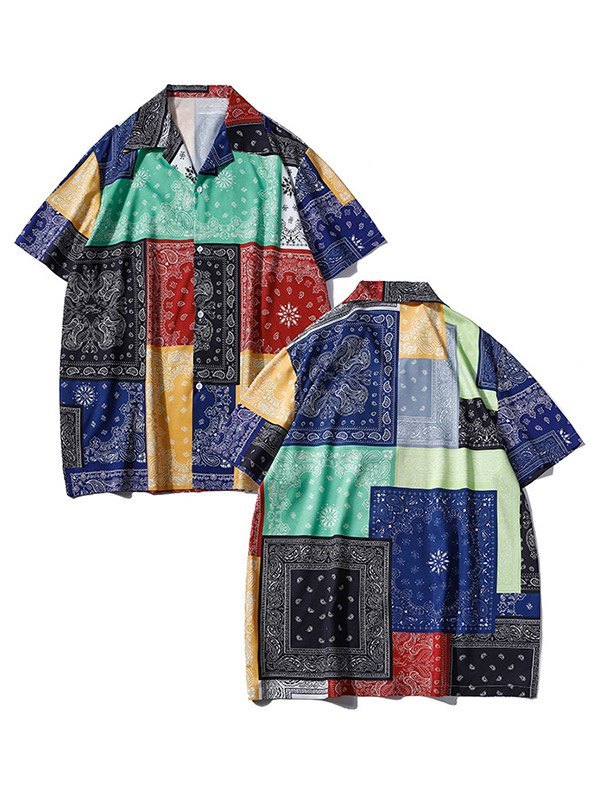 EMMIOL Camisa con estampado de paisley en bloques de color para hombre