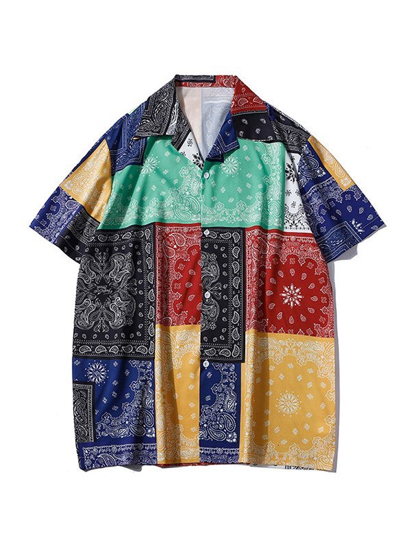 EMMIOL Camisa con estampado de paisley en bloques de color para hombre