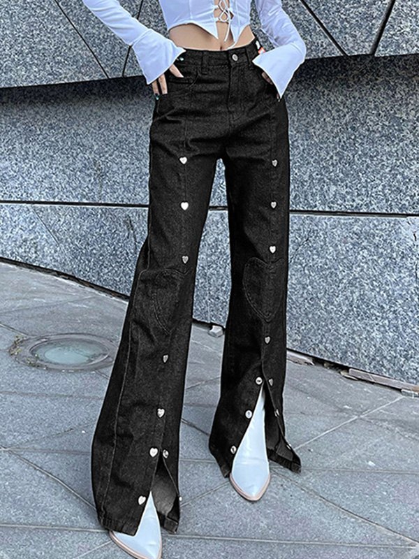 2022 Jeans svasati con bottoni a cuore Nero L In Jeans svasati Online  Store. Best For Sale | Emmiol.com