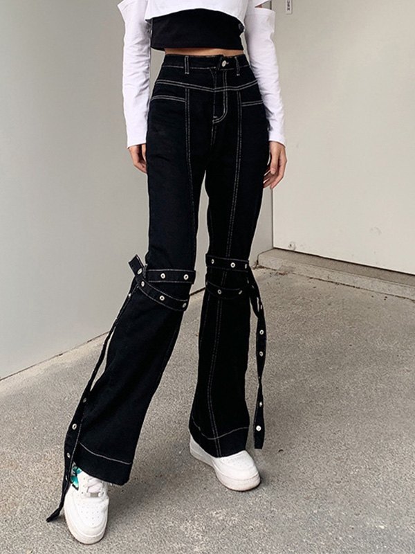 Emmiol Free shipping 2023 CrissCross Strap Detail Cargo Jeans Black M