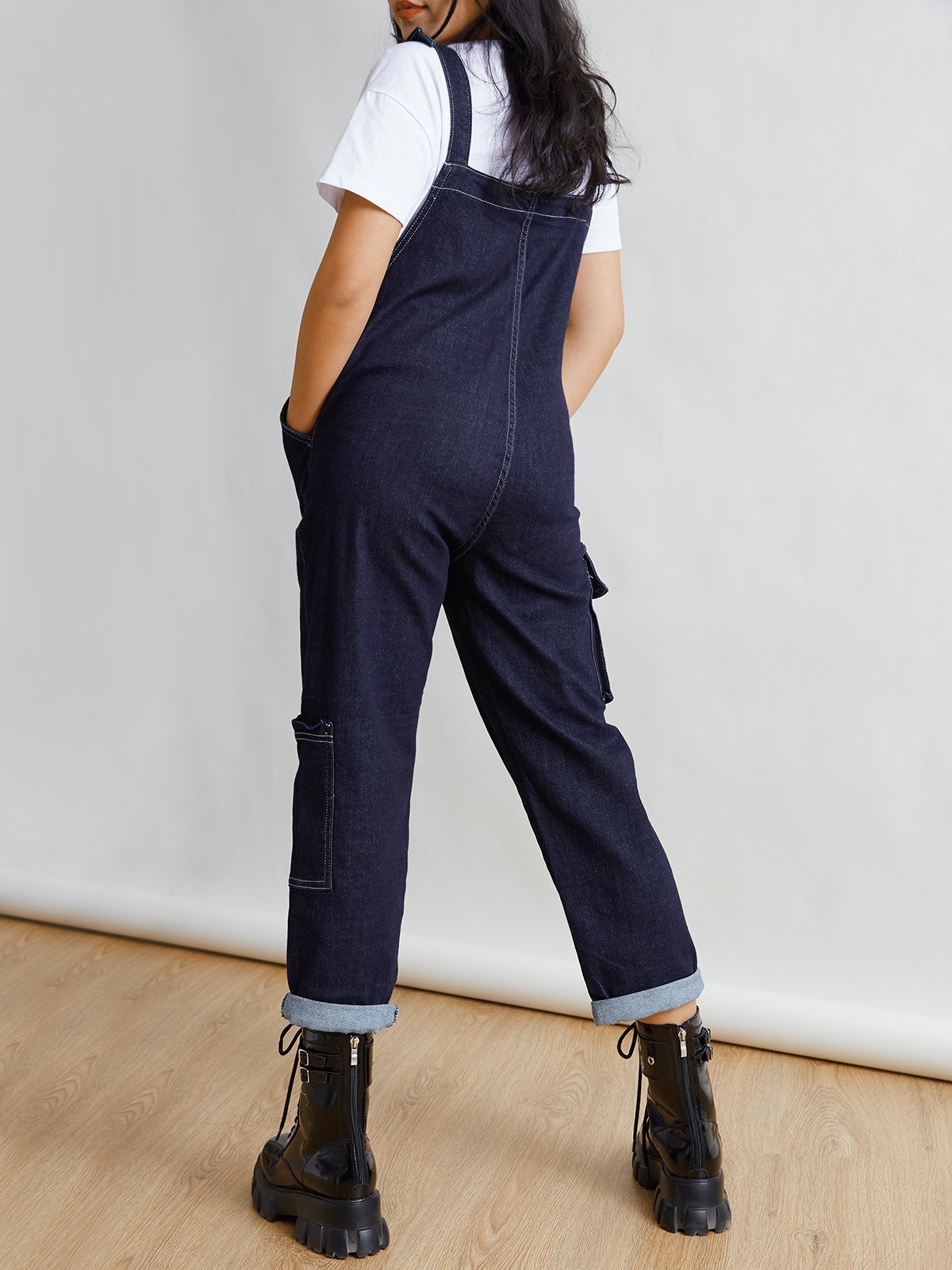 Emmiol Free shipping 2024 High Waist Cargo Overall Navy Blue L in