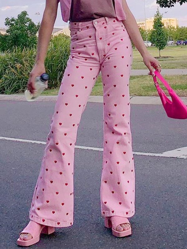2022 Heart Print Flare Jeans Pink S In 