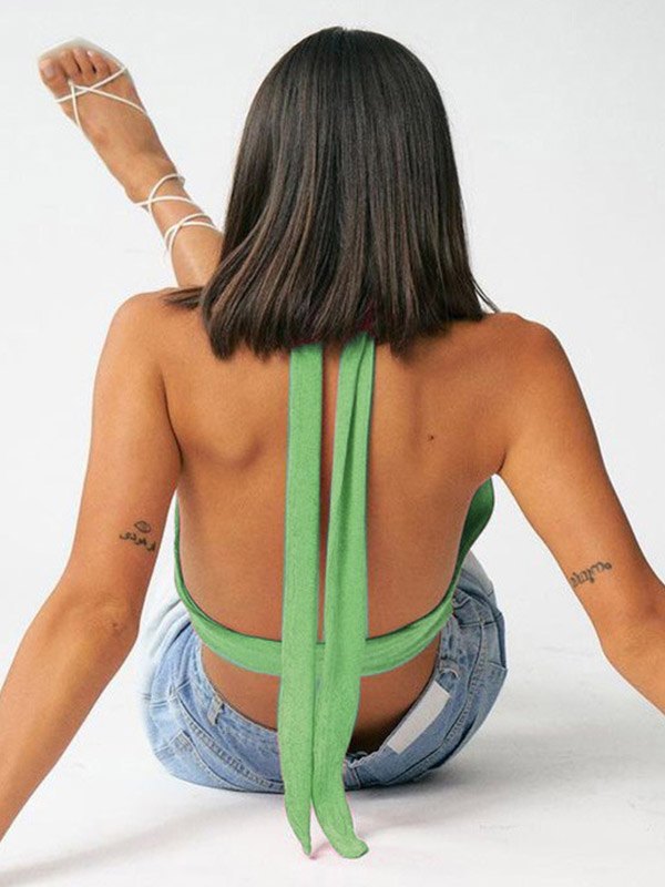 EMMIOL Camiseta sin mangas corta con pliegues y cuello halter