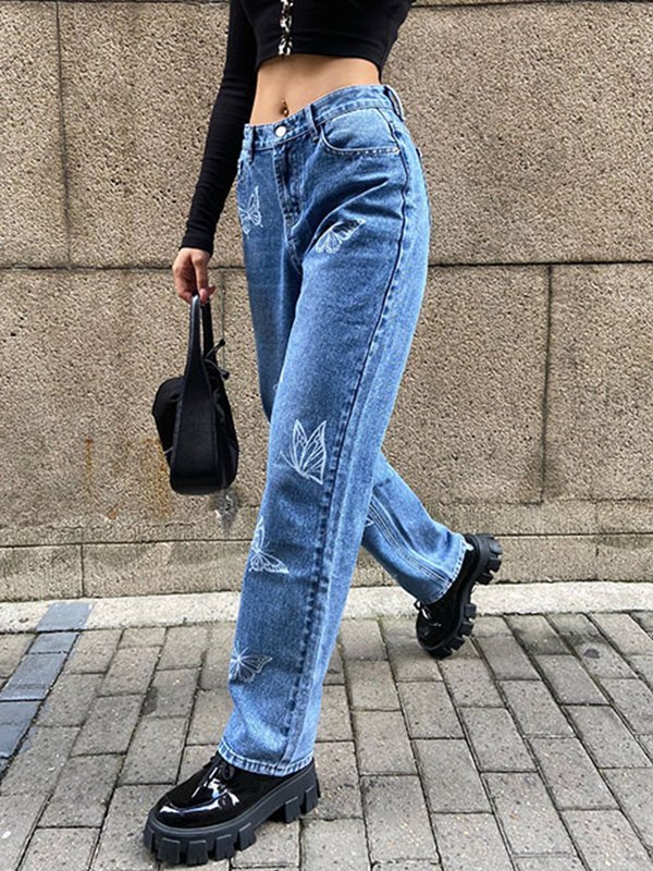 EMMIOL Jeans Mom con estampado de mariposas