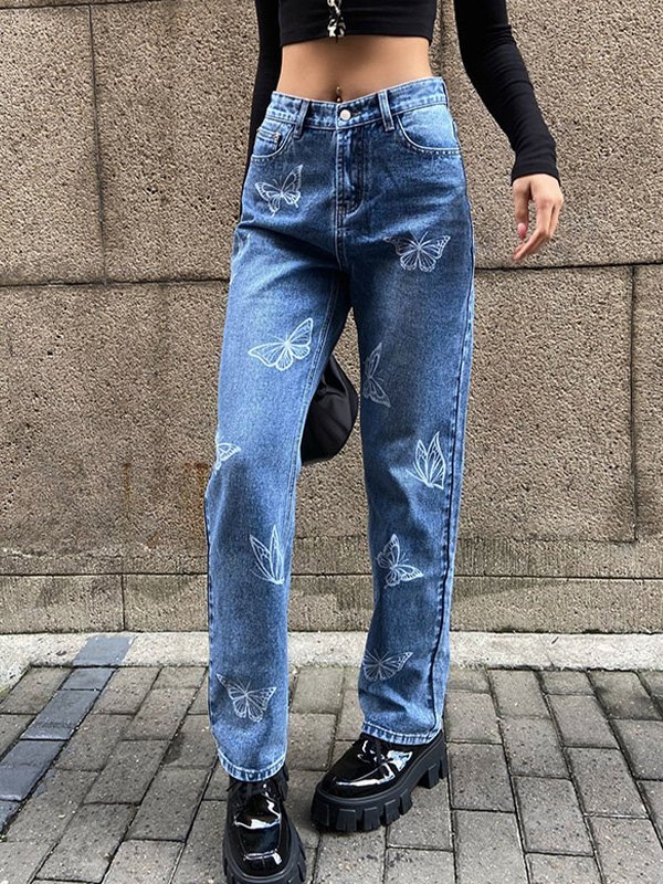 EMMIOL Jeans Mom con estampado de mariposas