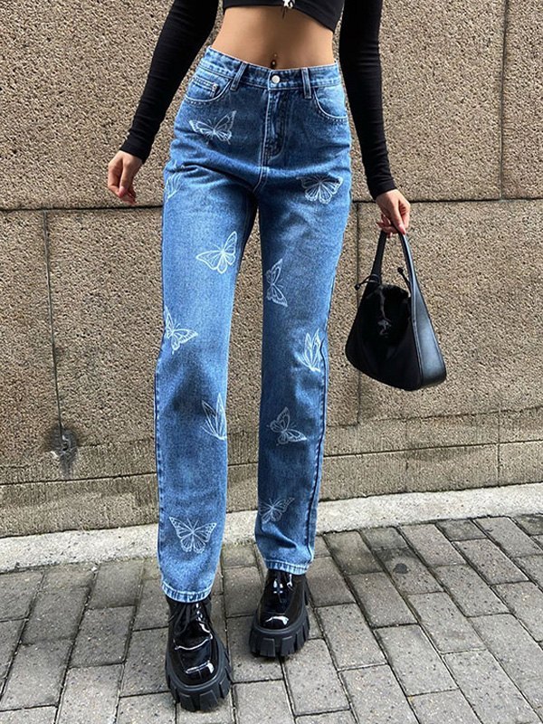 EMMIOL Jeans Mom con estampado de mariposas