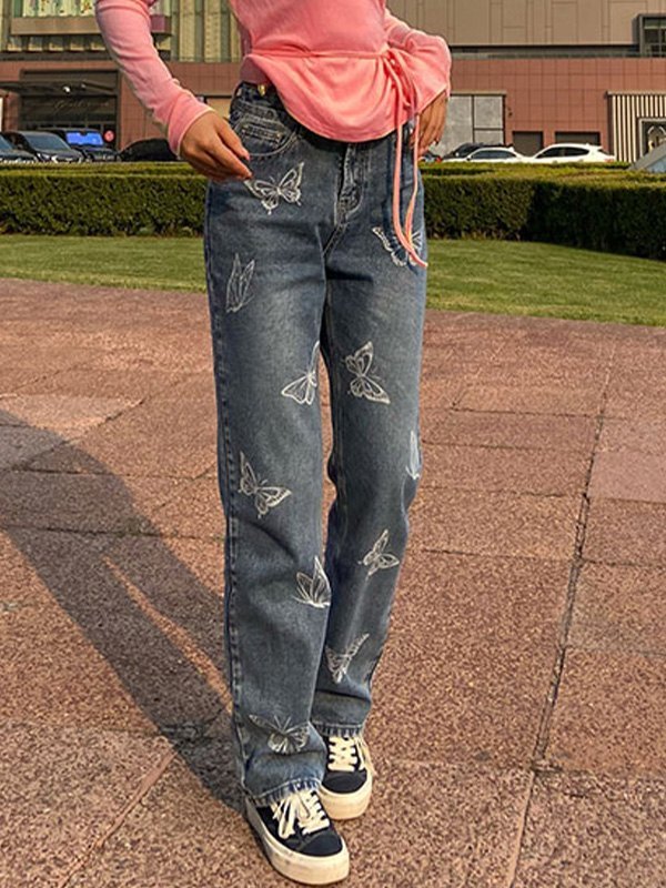 EMMIOL Jeans Mom con estampado de mariposas