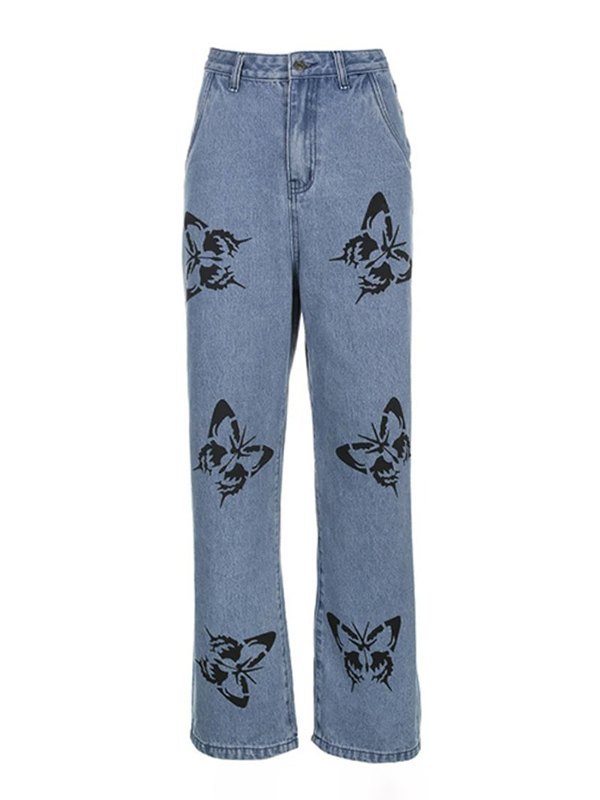 EMMIOL Washed Butterfly Print Boyfriend Jeans