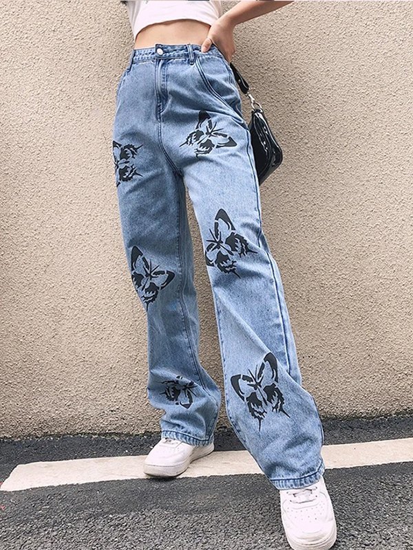 EMMIOL Washed Butterfly Print Boyfriend Jeans