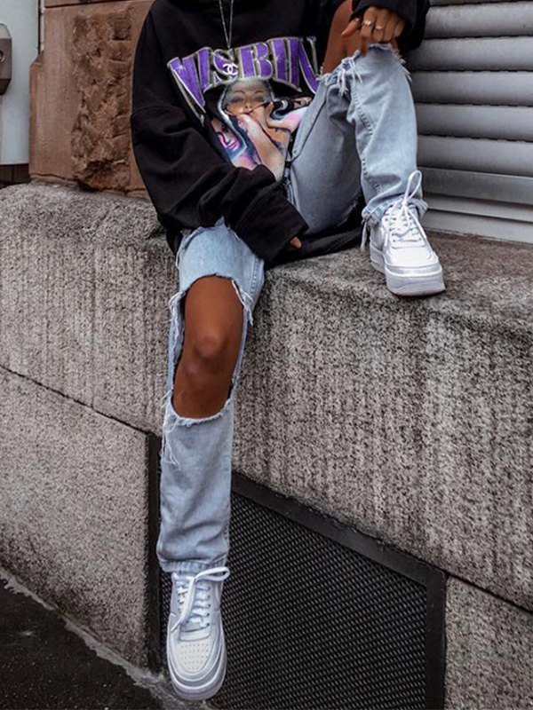 EMMIOL Washed Straight Ripped Jeans