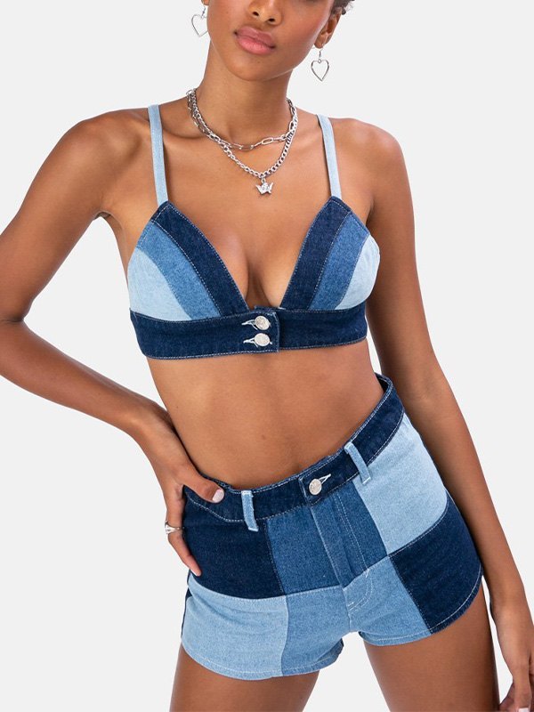 2022 Patchwork Denim Shorts Set Blue XL 