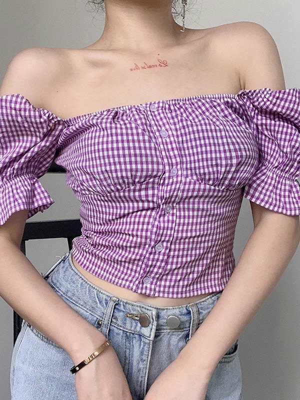 EMMIOL Blusa corta de cuadros vichy vintage