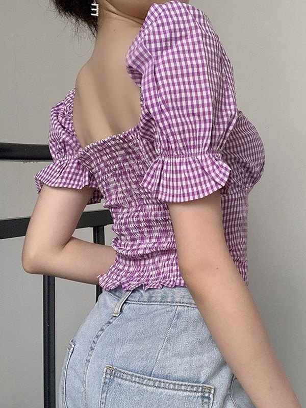 EMMIOL Blusa corta de cuadros vichy vintage