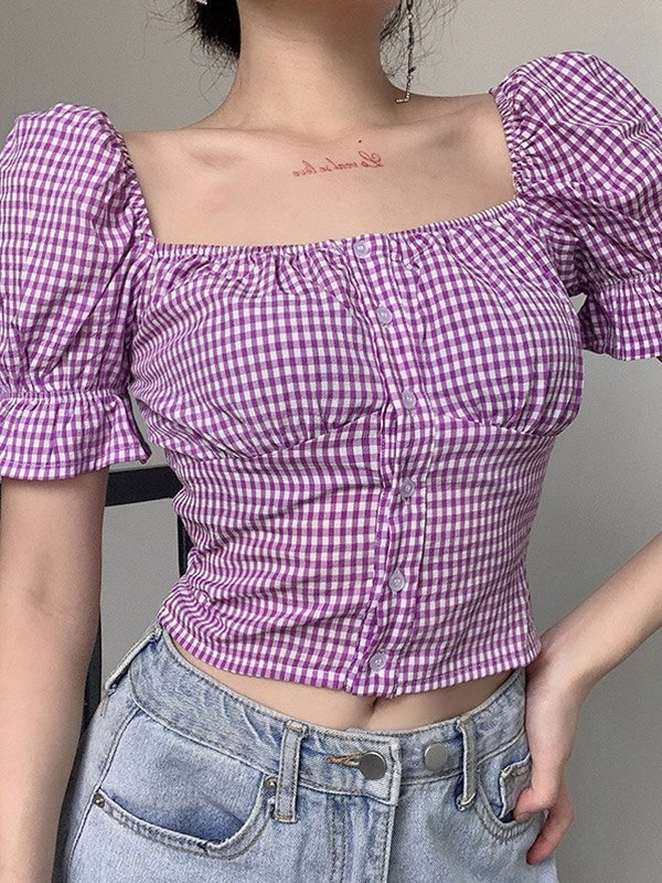 EMMIOL Blusa corta de cuadros vichy vintage