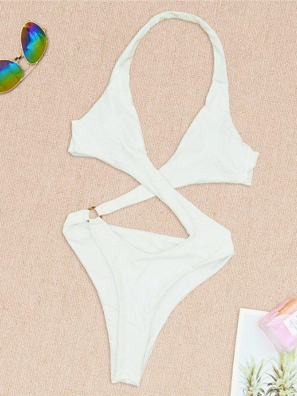 Emmiol Free shipping 2023 Cross Over Halter OnePiece Swimsuit White S