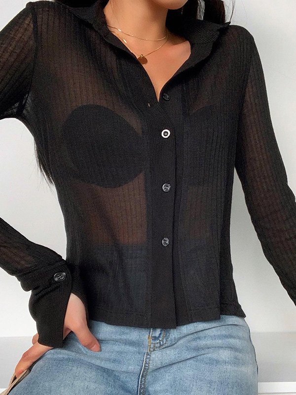 EMMIOL Solid Sheer Rib-knit Blouse