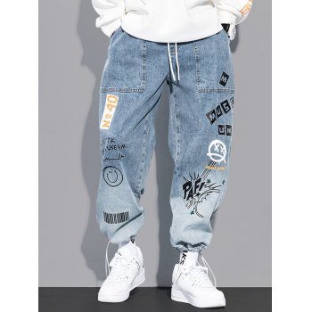 2022 Men's Graffiti Print Straight Jeans Blue S In Jeans Online Store. Best  For Sale | Emmiol.com