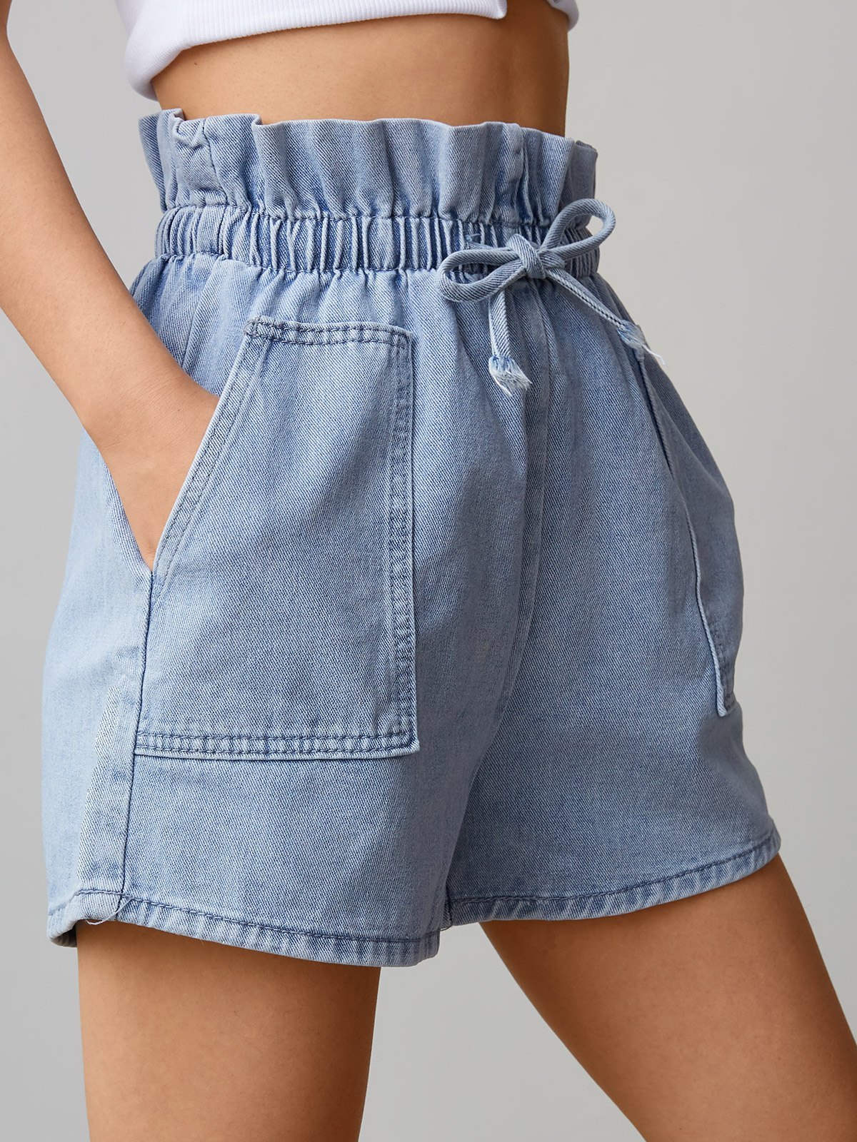 2021 Lace Up Paperbag Denim Shorts Blue S In Denim Shorts Online Store