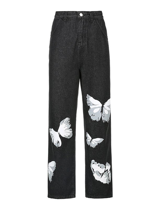 2021 Butterfly Print Washed Boyfriend Jeans Black M In Boyfriend Jeans