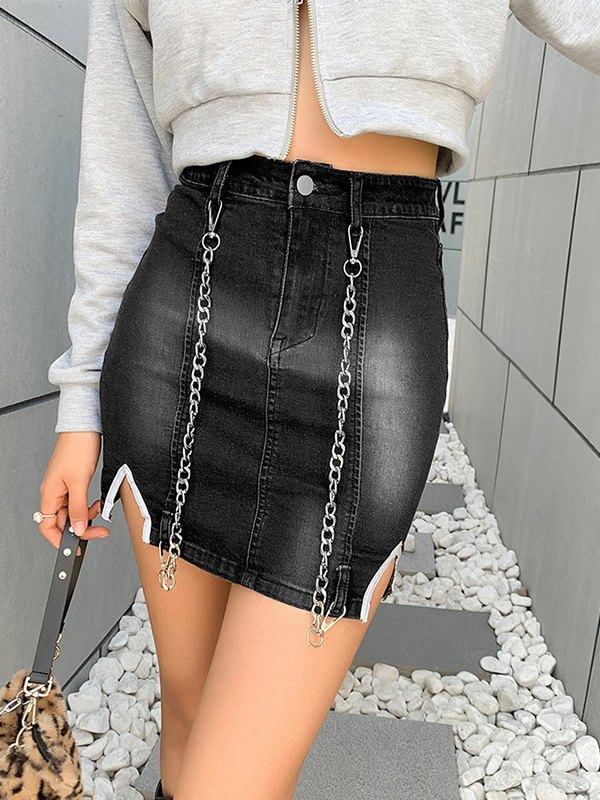 EMMIOL Falda vaquera cruzada con cadena decorativa