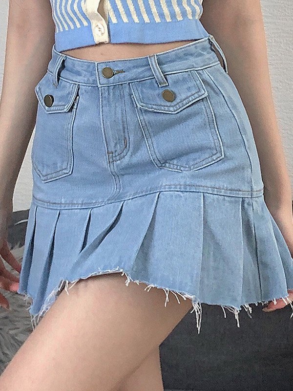 EMMIOL Minifalda plisada de mezclilla desgastada