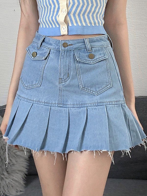 EMMIOL Minifalda plisada de mezclilla desgastada