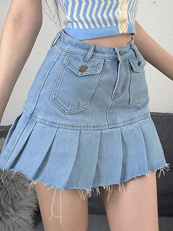 EMMIOL Minifalda plisada de mezclilla desgastada