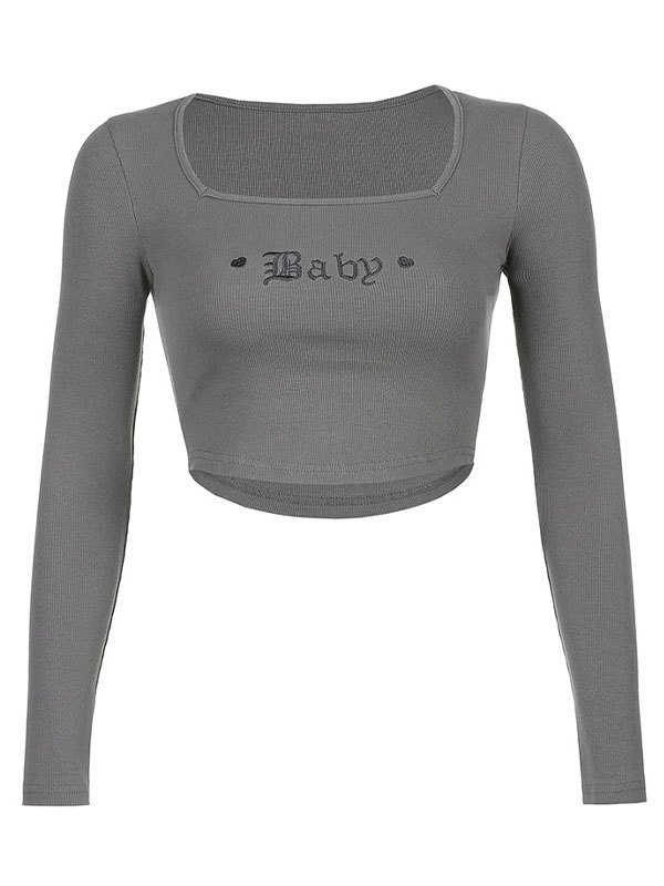EMMIOL Embroidered Long Sleeve Rib Crop Top