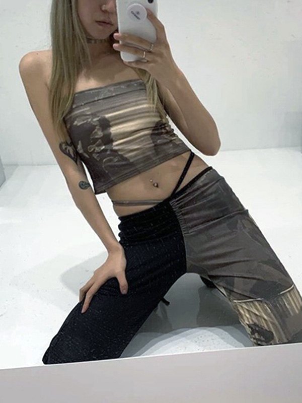 EMMIOL Low Rise Patchwork Printed Pants