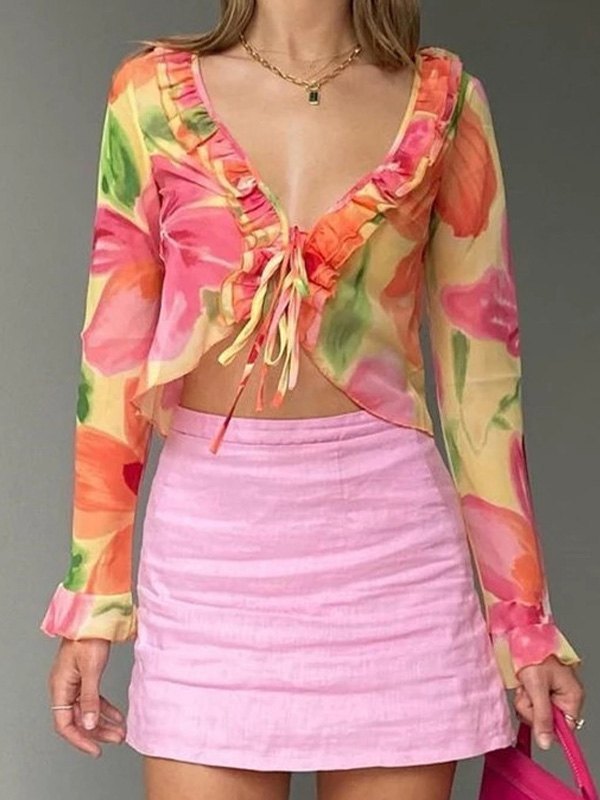 EMMIOL Plunge V Neck Chiffon Blouse
