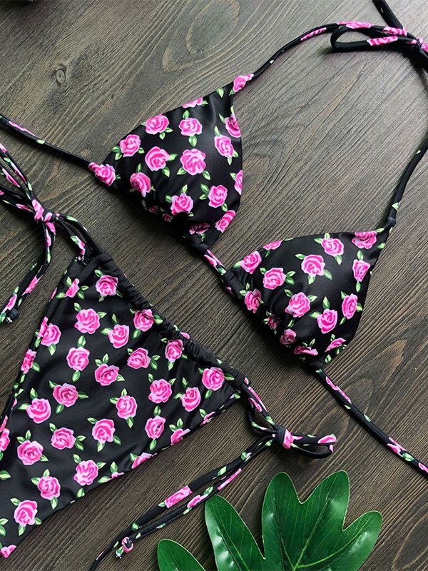 EMMIOL Lace-Up Flower Print Bikini Set