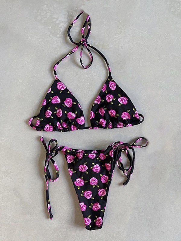 EMMIOL Lace-Up Flower Print Bikini Set