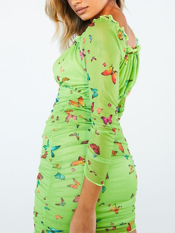 EMMIOL Vestido estampado de mariposas con cuello cuadrado