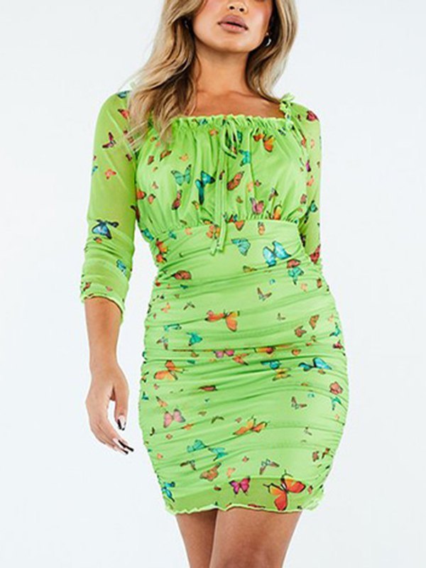 EMMIOL Vestido estampado de mariposas con cuello cuadrado