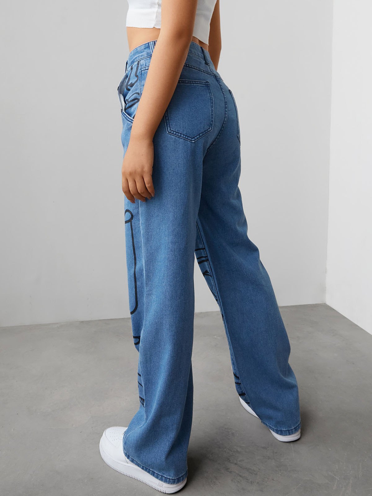 Emmiol Free shipping 2023 Art Abstract Lines Drawing Boyfriend Jeans Blue XL in Boyfriend Jeans