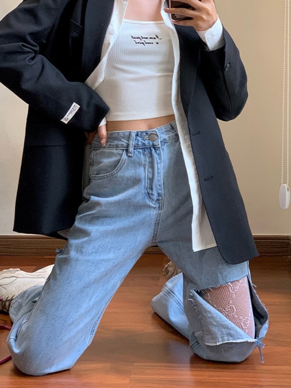 EMMIOL Jeans rasgados de encaje de tiro alto