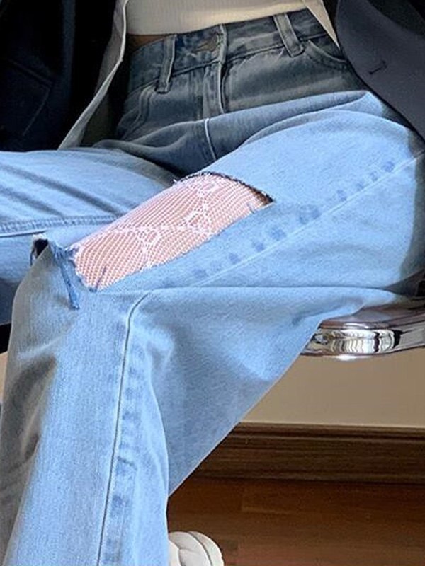 EMMIOL Jeans rasgados de encaje de tiro alto