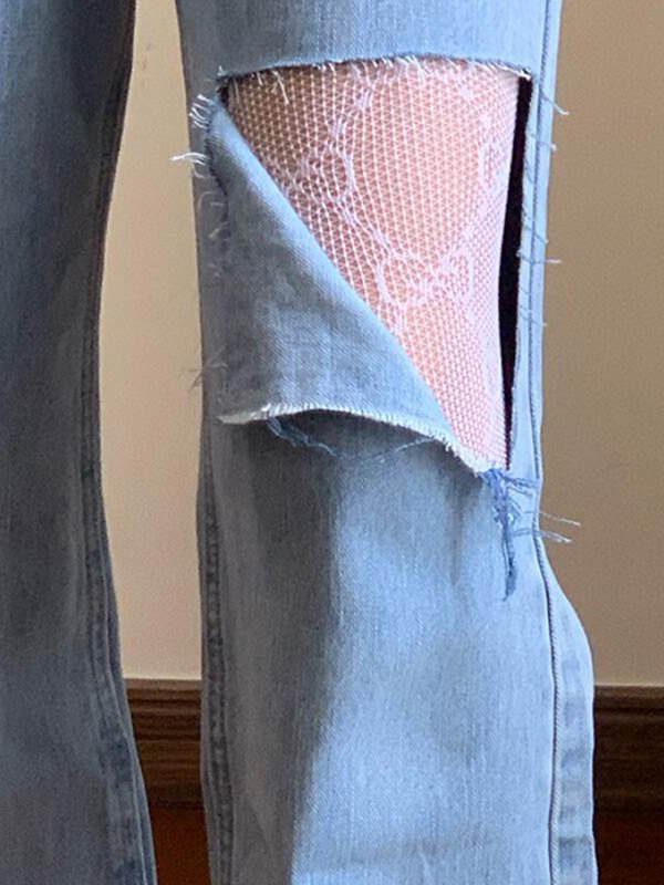 EMMIOL Jeans rasgados de encaje de tiro alto