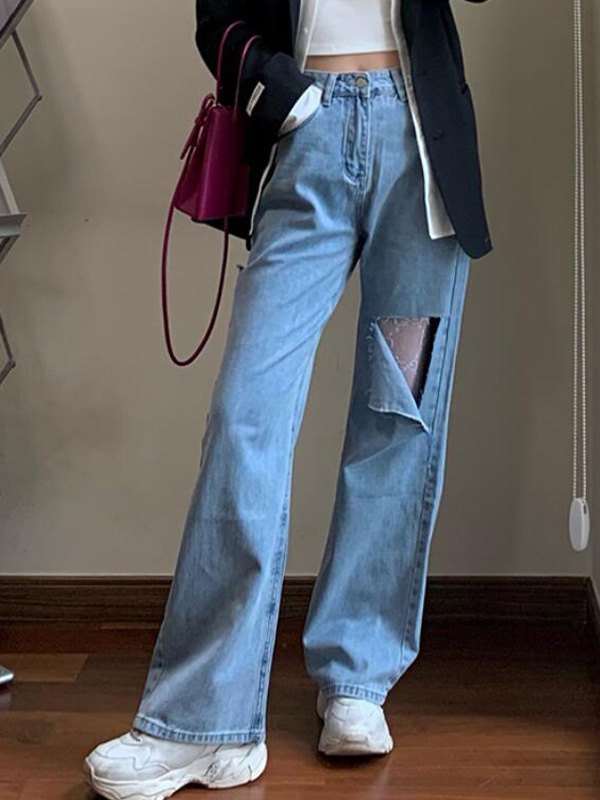 EMMIOL Jeans rasgados de encaje de tiro alto