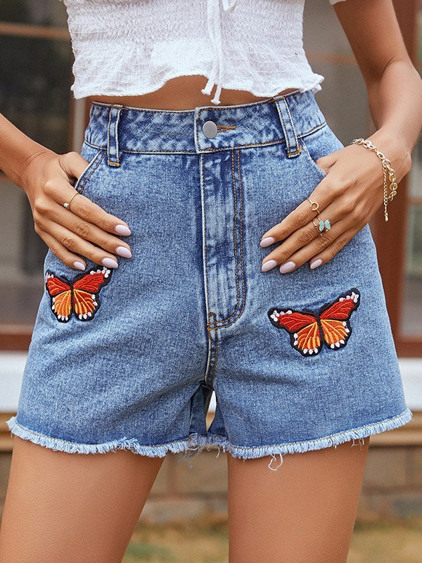 2022 Pantaloncini di jeans ricamati a farfalla Blu L In Pantaloncini Jeans  Online Store. Best For Sale | Emmiol.com