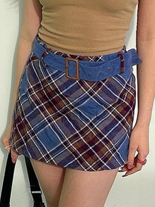 EMMIOL Belted Checkered Print Mini Skirt
